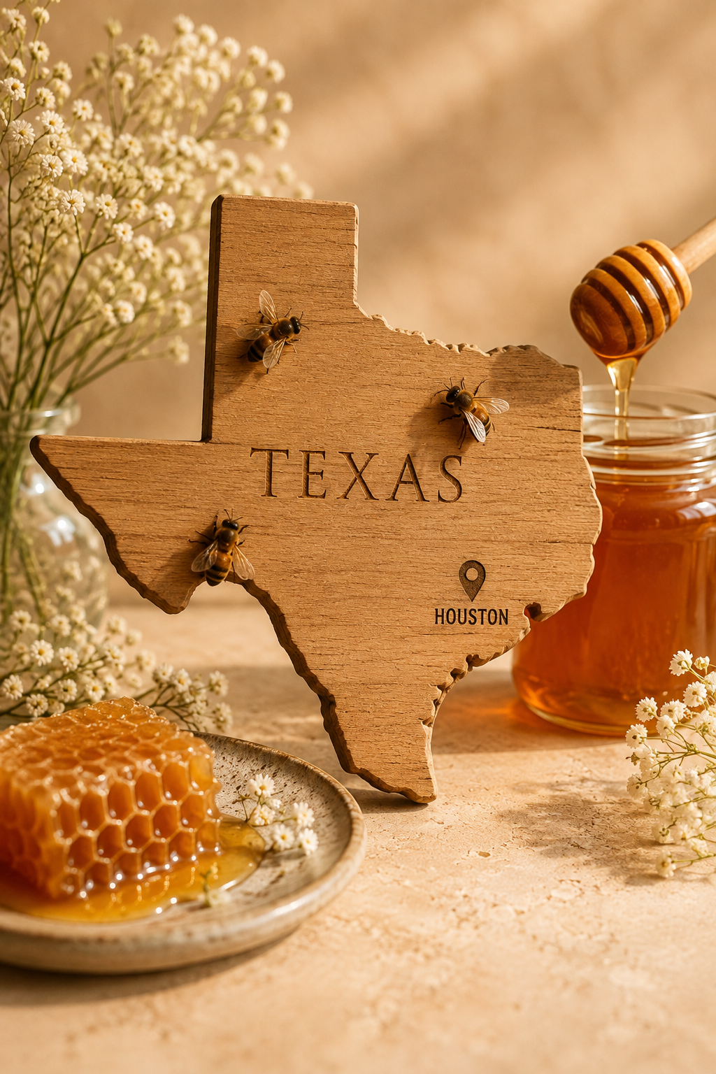 Texas-shaped wooden sign with Houston marker, bees, honeycomb, and a jar of raw honey