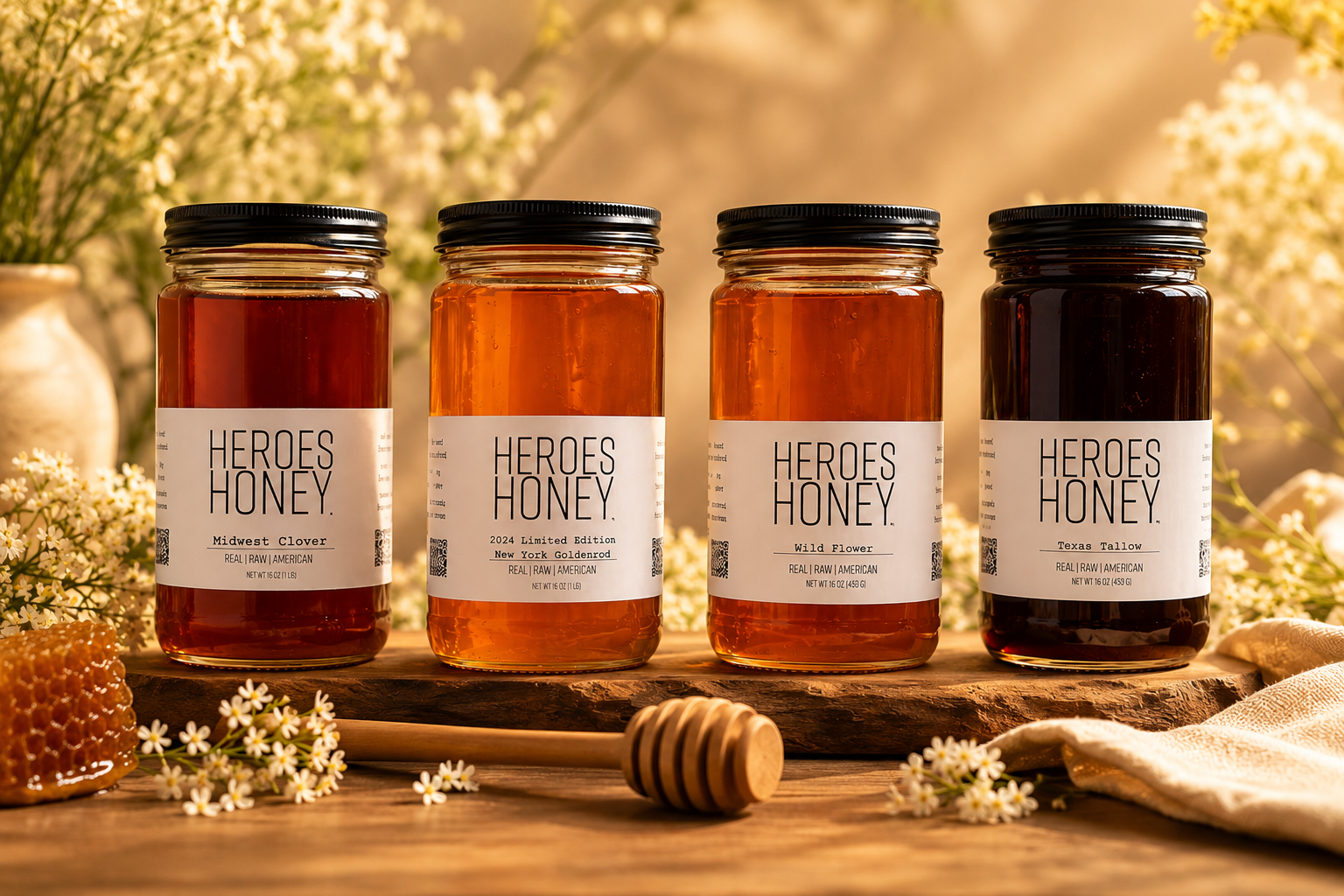 Row of Raw Truth Honey jars — clover, goldenrod, wildflower and Texas tallow — on a rustic wooden board